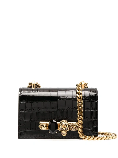 Alexander Mcqueen Jewelled Crocodile-effect Satchel In Black