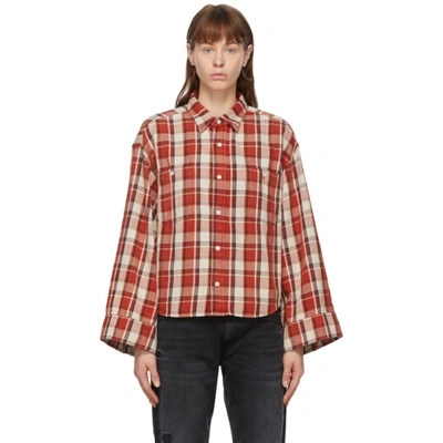 R13 Red Oversized Sleeve Cropped Shirt In Red Plaid