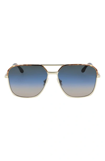 Victoria Beckham Gradient Metal Navigator Sunglasses W/ Chevron-trim In Gold/ Blue Triple Gradient