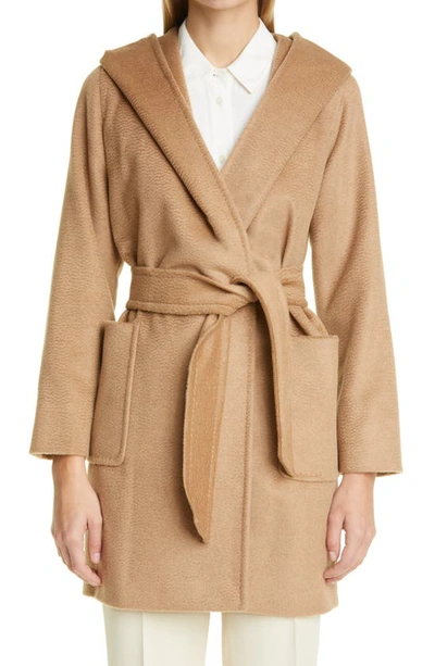 Max Mara Rialto Camel Hair Belted Short Hooded Coat In Beige