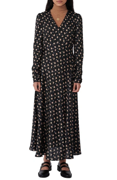 Maje Riava Floral-print Satin Maxi Dress In Black/camel