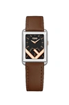 Fendi Run Away Rectangle Leather Strap Watch, 22.5mm X 32mm In Black