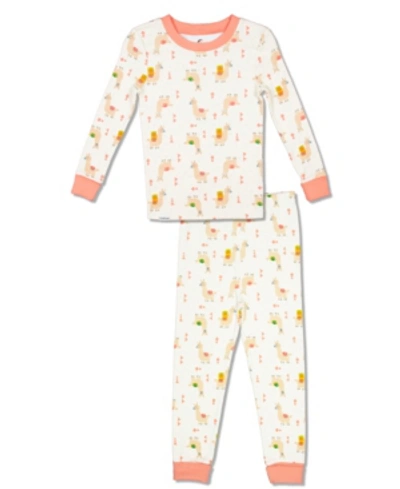 Free 2 Dream Kids' Girls Toddler, Little And Big Llama Print 2 Piece Cotton Pajama Set With Grow With Me Cuffs In Open White