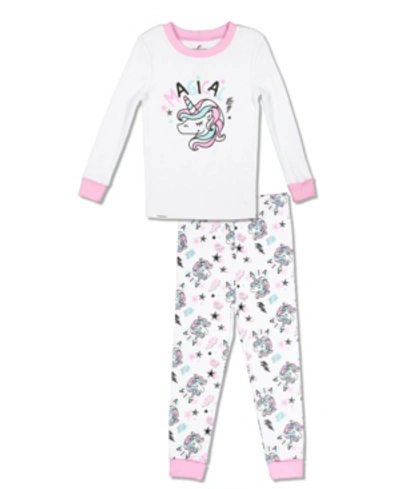 Free 2 Dream Kids' Girls Toddler, Little And Big Unicorn Print 2 Piece Cotton Pajama Set With Grow With Me Cuffs In White