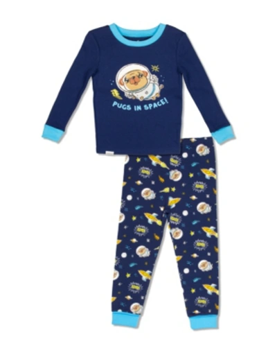Free 2 Dream Kids' Boys Toddler, Little And Big Pug In Space Print 2 Piece Cotton Pajama Set With Grow With Me Cuffs In Navy