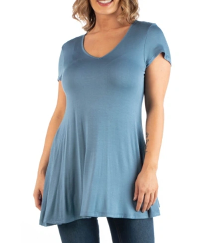 24seven Comfort Apparel Plus Size Short Sleeve V-neck Tunic T-shirt In Blue