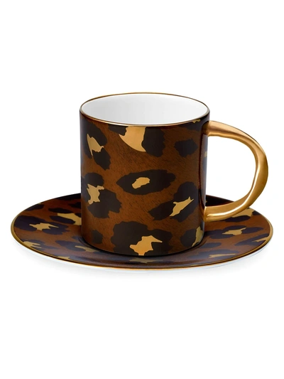 L'objet Leopard 2-piece 24k Gold & Porcelain Espresso Cup & Saucer Set In Brown