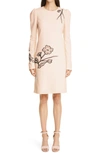 LELA ROSE LONG SLEEVE FLORAL EMBROIDERED WOOL CREPE TUNIC DRESS,F209606