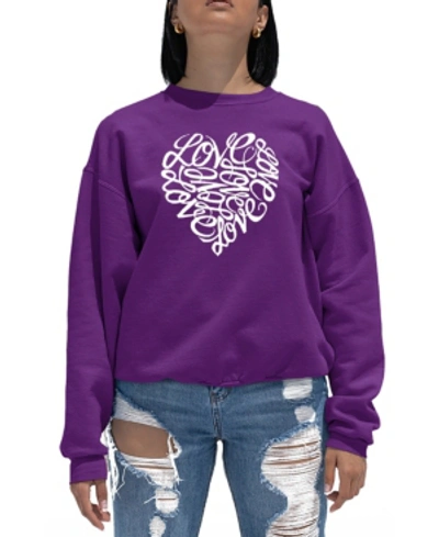 La Pop Art Women's Word Art Crewneck Love Heart Sweatshirt In Purple