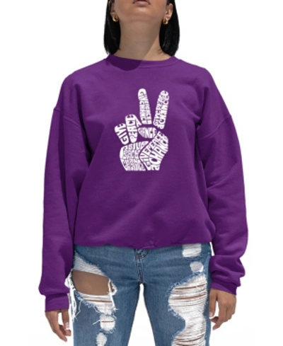 La Pop Art Women's Word Art Crewneck Peace Fingers Sweatshirt In Purple