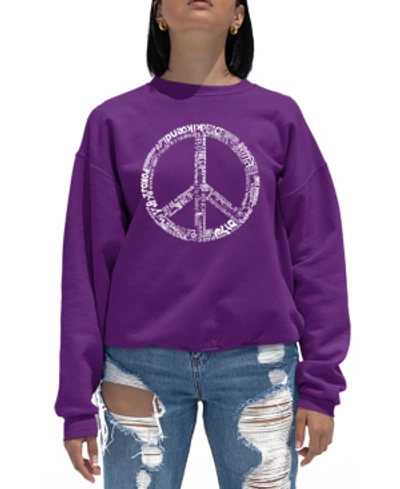 La Pop Art Women's Word Art Crewneck The Word Peace In 77 Languages Sweatshirt In Purple