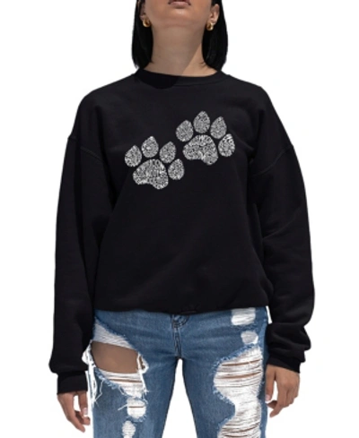 La Pop Art Women's Word Art Crewneck Woof Paw Prints Sweatshirt In Black