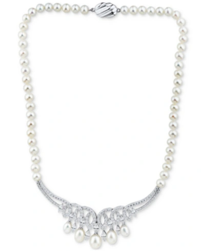 Arabella Cultured Freshwater Pearl (6-8-1/2mm) & Cubic Zirconia 17" Statement Necklace In Sterling Silver