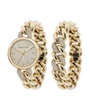 KENDALL + KYLIE WOMEN'S KENDALL + KYLIE GOLD TONE AND CRYSTAL CHAIN LINK STAINLESS STEEL STRAP ANALOG WATCH AND BRAC