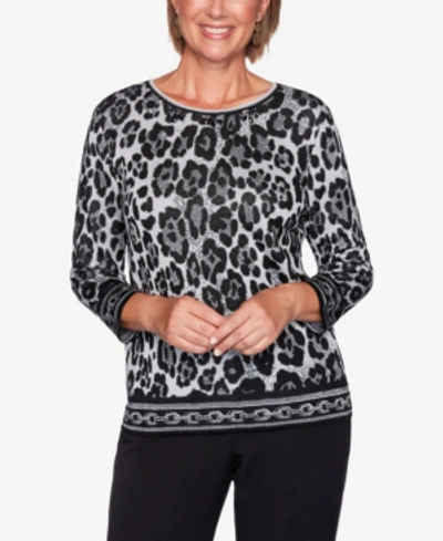 Alfred Dunner Women's Plus Size Classics Animal Jacquard Sweater In Black/silver