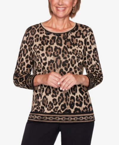Alfred Dunner Women's Plus Size Classics Animal Jacquard Sweater In Black/vicuna