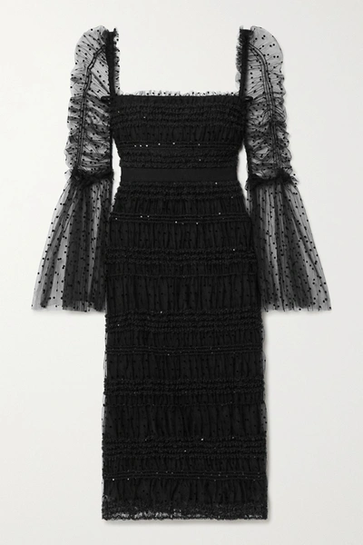 Self-portrait Ruched Sequin-embellished Polka-dot Flocked Tulle Midi Dress In Black