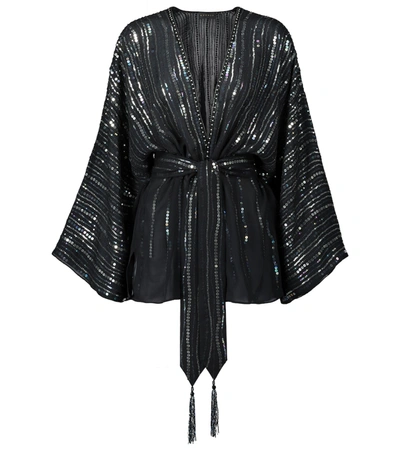 Dundas India Belted Sequin-embellished Silk-georgette Jacket In Black