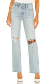 Re/done 90s Loose Straight Cropped Distressed Mid-rise Jeans In Breezy Indigo With Rips