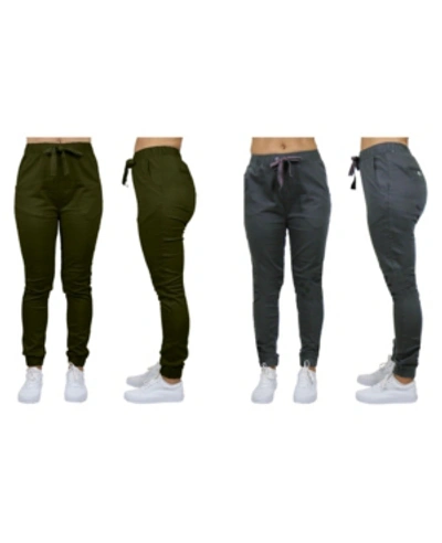 Galaxy By Harvic Women's Basic Stretch Twill Joggers, Pack Of 2 In Olive-darkgrey
