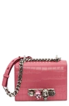 Alexander Mcqueen Mini Jewelled Croc Embossed Leather Crossbody Bag In Bettony Pink