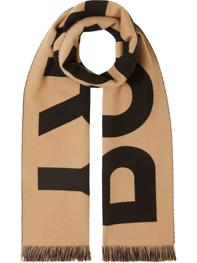 Burberry Logo Text Organic Wool Football Scarf In Beige