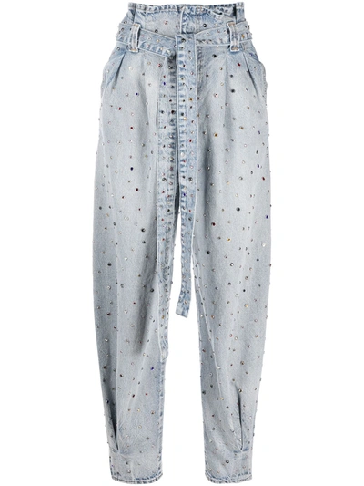 Red Valentino Rhinestone Embroidered Denim Pants In Blue