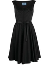 Prada Belted Logo Plaque Flared Dress In Schwarz