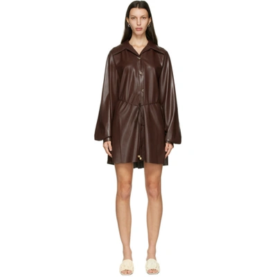 Nanushka Joy Gathered Vegan Leather Mini Shirt Dress In Brown