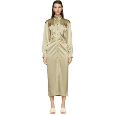 beige satin shirt dress Beige Wrap Satin Dress With Flutter Sleeves – Désir Couture