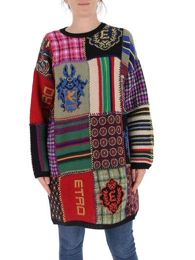 Etro Patchwork Longline Sweater In Red,green,blue