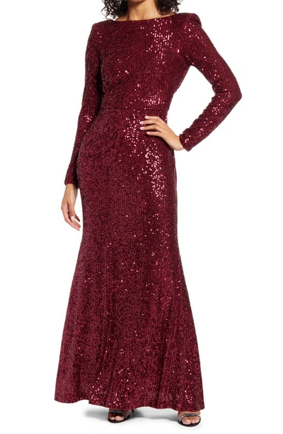 Eliza J Sequin Long Sleeve Trumpet Gown In Ruby Red