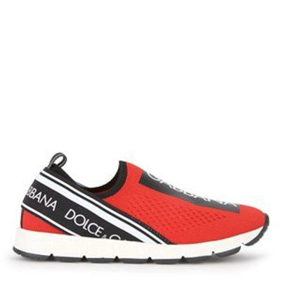 Dolce & Gabbana Maglina Slip-on Knit Logo-patch Trainers, Kids In Red