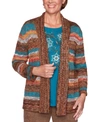 ALFRED DUNNER PETITE WALNUT GROVE STRIPE POINT OPEN-FRONT CARDIGAN