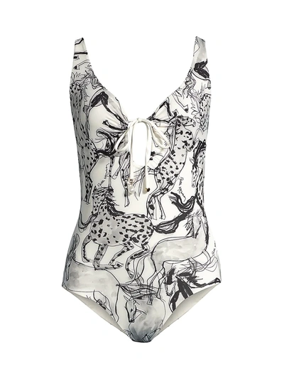 Stella Mccartney Women's Horse-print Lace-up One-piece Swimsuit In Natural Grey