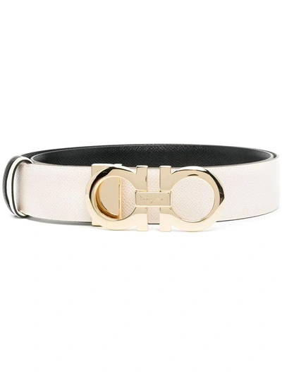 Ferragamo Women's Double Gancini Buckle Reversible Leather Belt In White