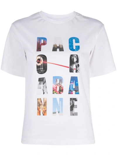 Paco Rabanne Logo-print Gathered Organic-cotton T-shirt In White