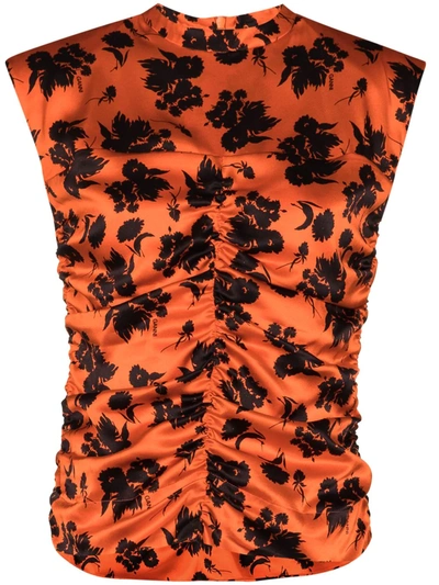 Ganni Floral Print Ruched Stretch Silk Satin Sleeveless Top In Orange