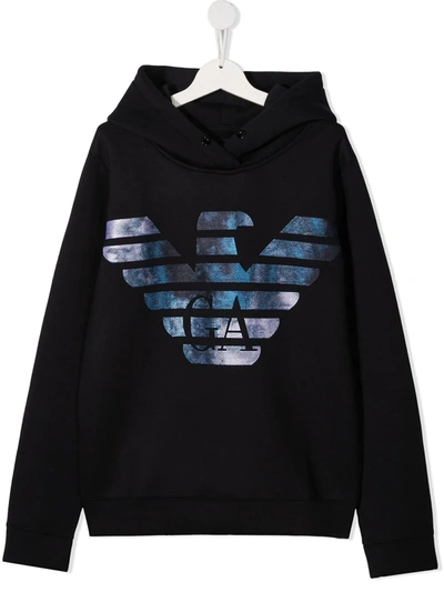 Emporio Armani Teen Logo Print Hoodie In Blue