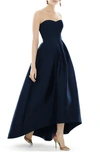 Alfred Sung Strapless Satin High Low Dress With Pockets In Blue