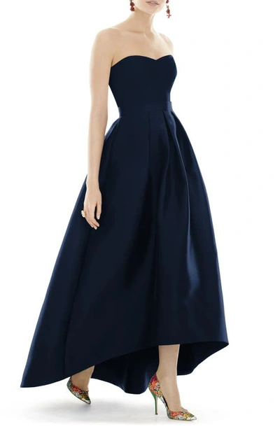 Alfred Sung Strapless Satin High Low Dress With Pockets In Blue