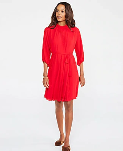 Ann Taylor Petite Mock Neck Belted Dress In Candy Red