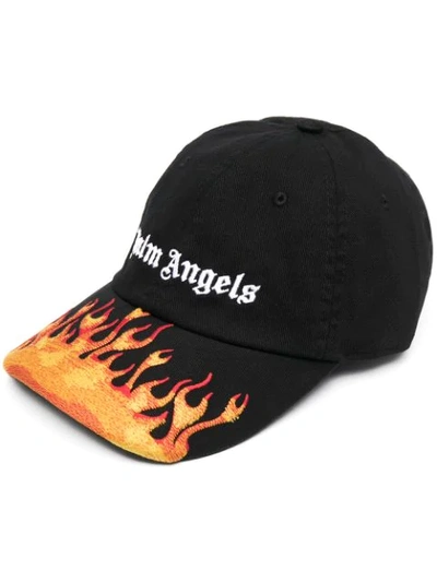 Palm Angels Black Logo Flame Baseball Cap In Black