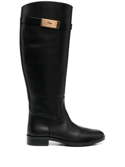 Tory Burch Logo-plaque Leather Boots In Black