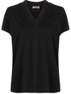 Brunello Cucinelli Black V-neck T-shirt With Monile Detail In Stretch Cotton Woman  In Grey