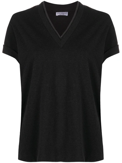 Brunello Cucinelli Black V-neck T-shirt With Monile Detail In Stretch Cotton Woman