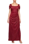 Alex Evenings Cold-shoulder Draped Metallic Gown Regular & Petite Sizes In Wine