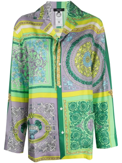 Versace Heritage Print Silk Twill Pajama Shirt In Green