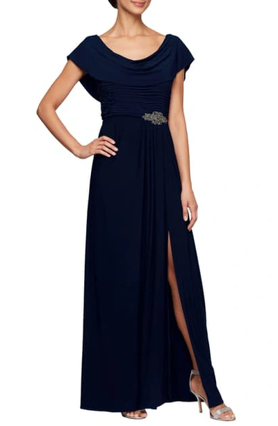 Alex Evenings Petite Embellished-waist Cowlneck Gown In Navy