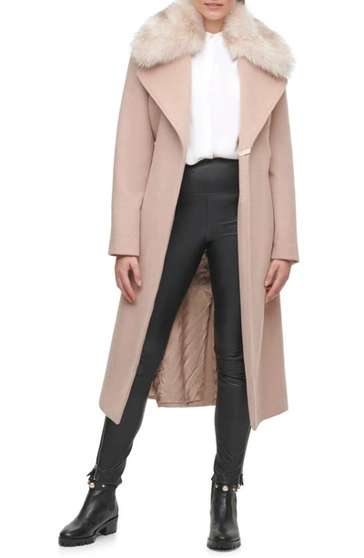 Karl Lagerfeld Belted Wool Blend Coat With Faux Fur Trim In Nude